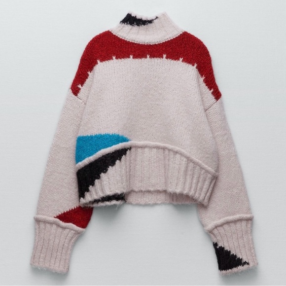 Zara Chunky Knit Turtleneck Sweater Large Abstract Colorblock Wool Blend - Picture 1 of 7